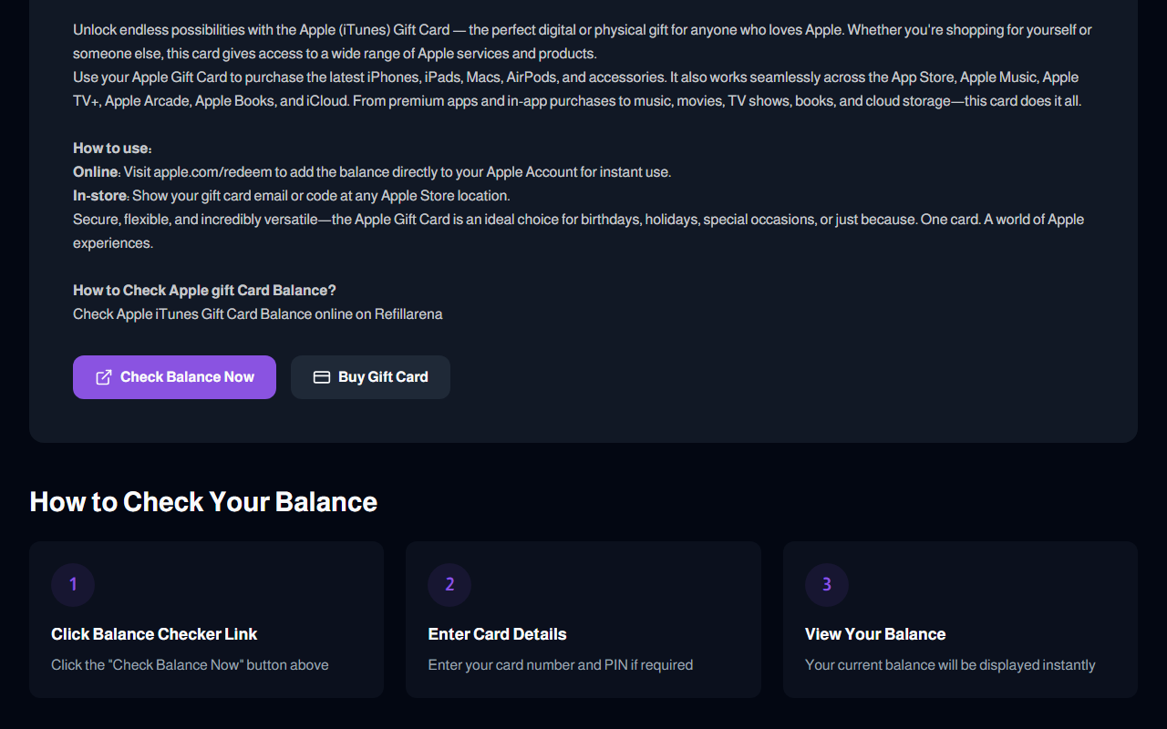 Refillarena Apple gift card balance checker page