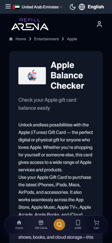 Refillarena Apple balance checker on mobile