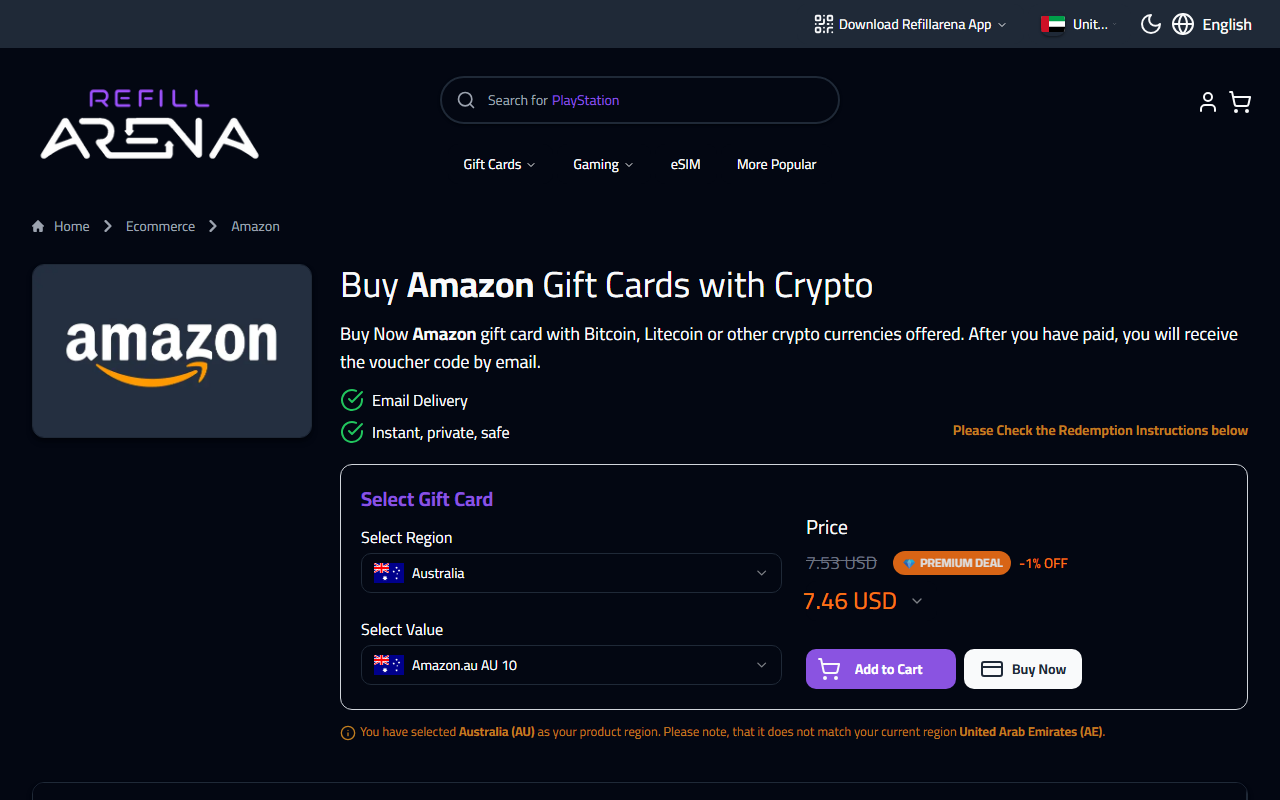 Refillarena region dropdown for Amazon Gift Cards