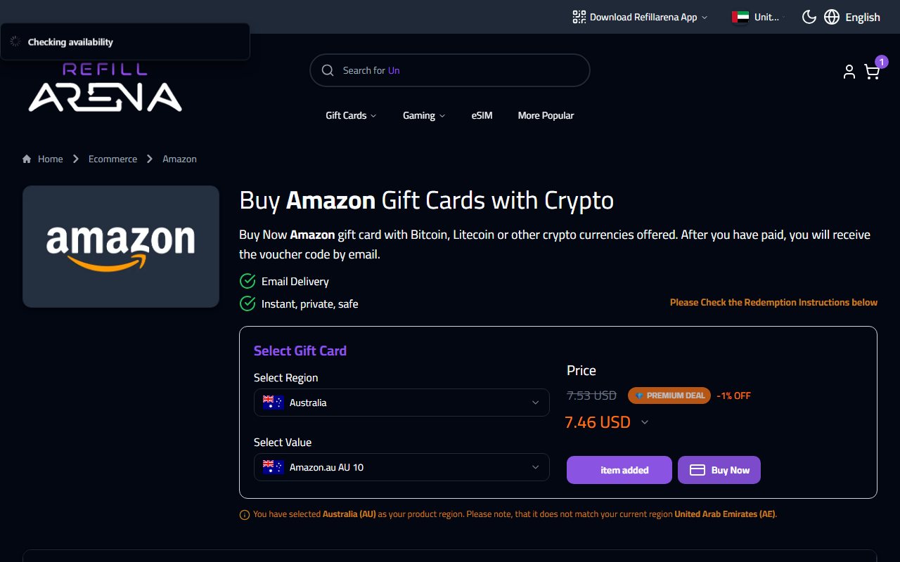Refillarena Amazon Gift Card checkout page