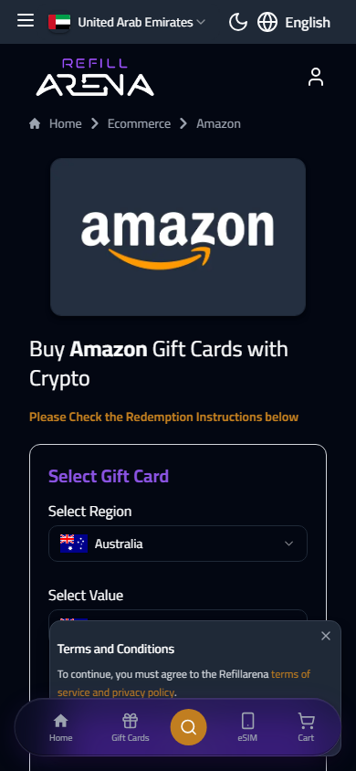 Refillarena mobile view — buy Amazon Gift Cards with crypto on mobile