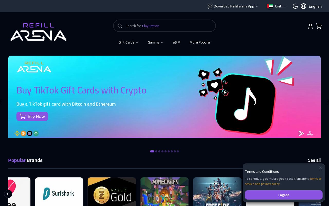 Refillarena homepage — buy gift cards with crypto