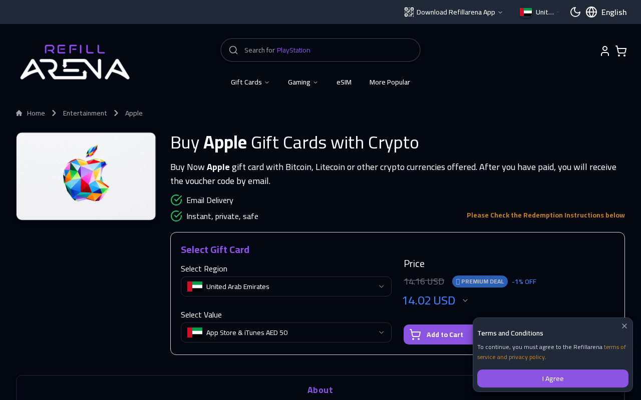 Refillarena Apple Gift Card page — Buy Apple Gift Cards with Crypto
