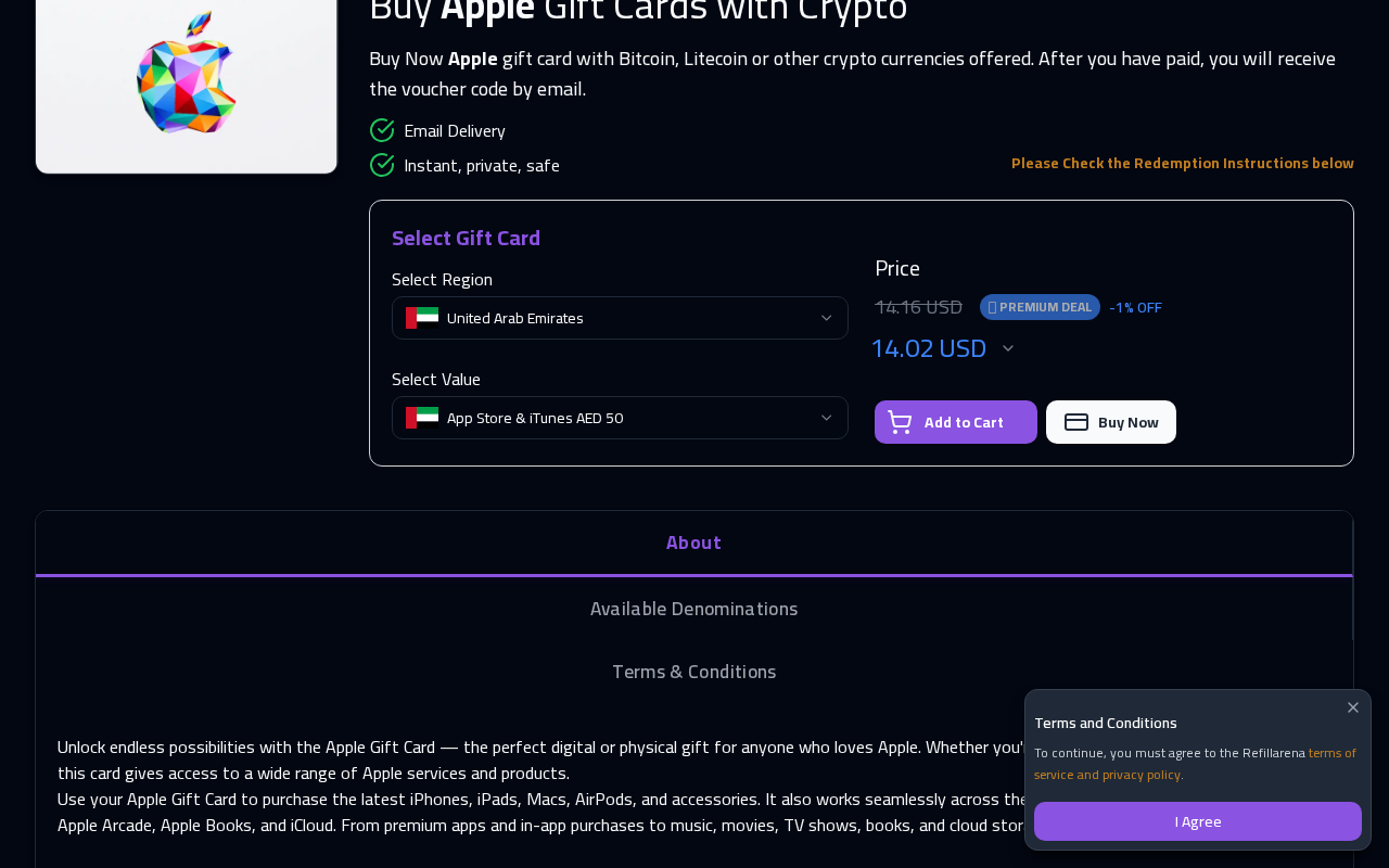 Refillarena region and denomination selector for Apple Gift Cards