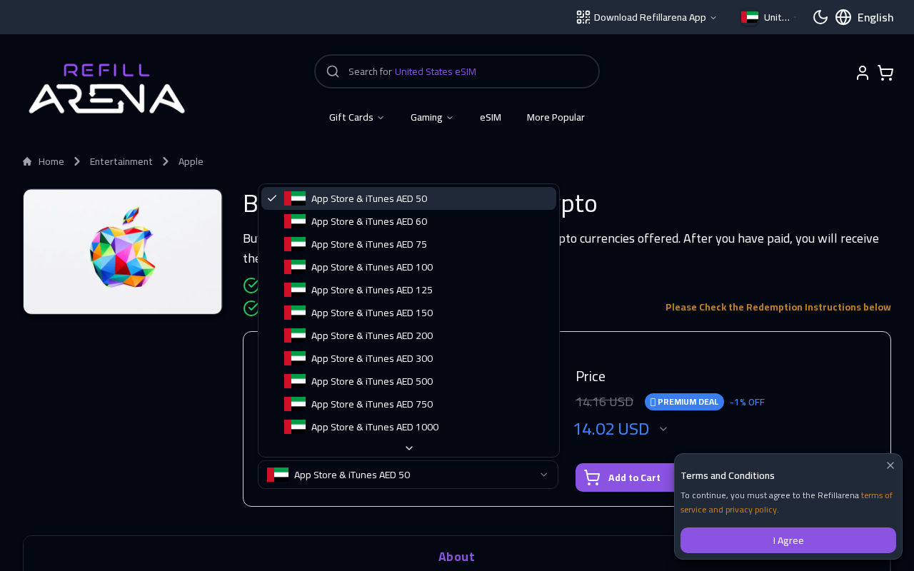 Apple Gift Card denomination dropdown open on Refillarena