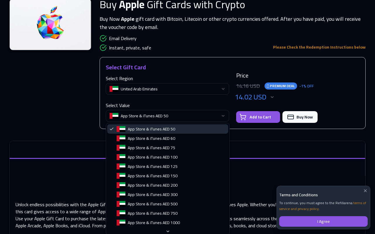 Refillarena Apple Gift Card checkout with Buy Now button