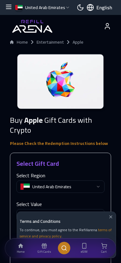 Refillarena mobile view — buy Apple Gift Cards with crypto on mobile