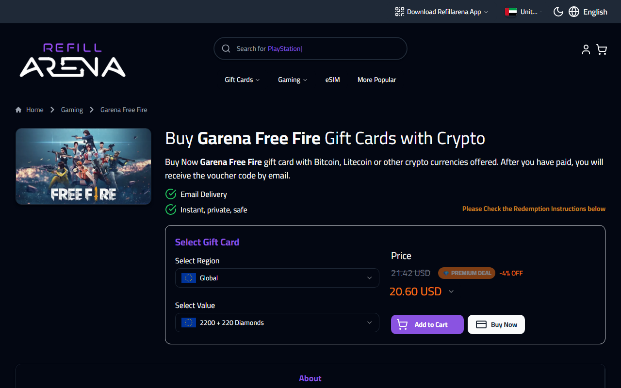 Refillarena Garena Free Fire Diamonds top-up page