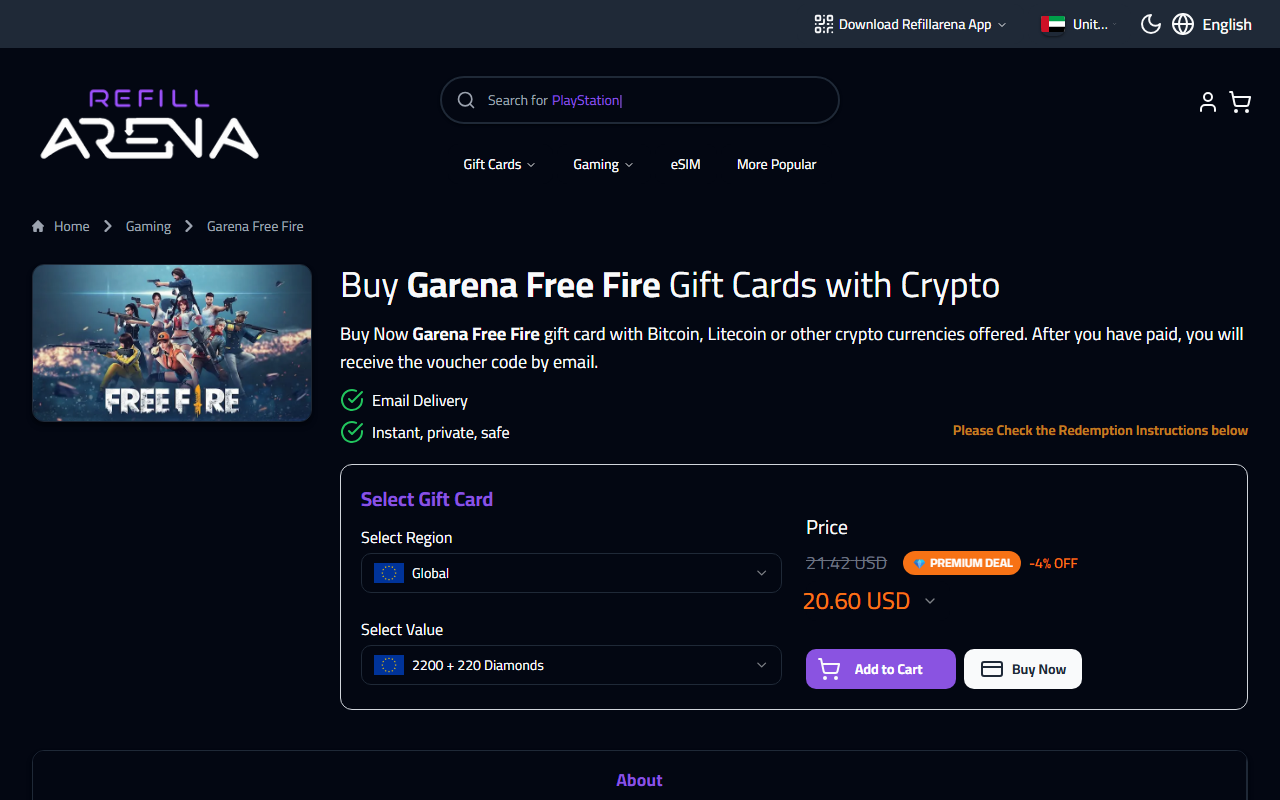 Refillarena region dropdown for Garena Free Fire top-up
