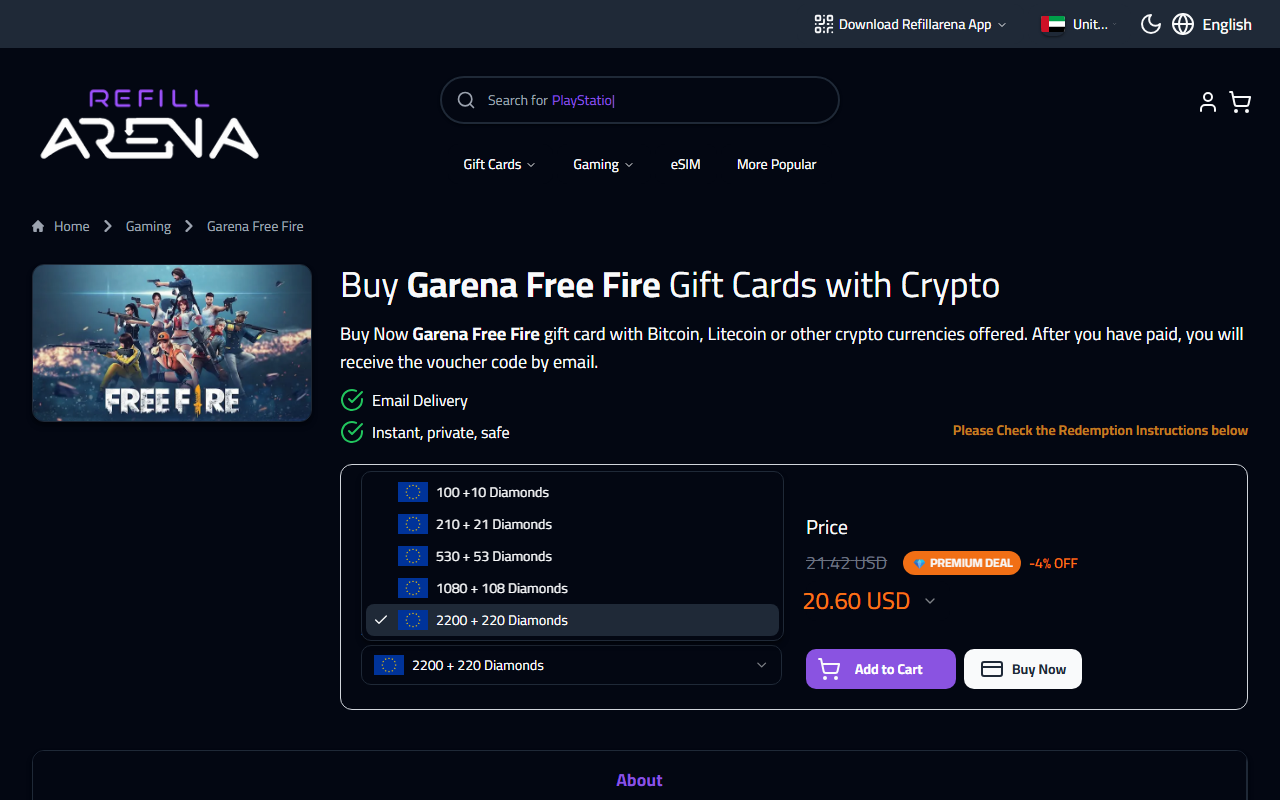 Selecting a Free Fire Diamond pack on Refillarena