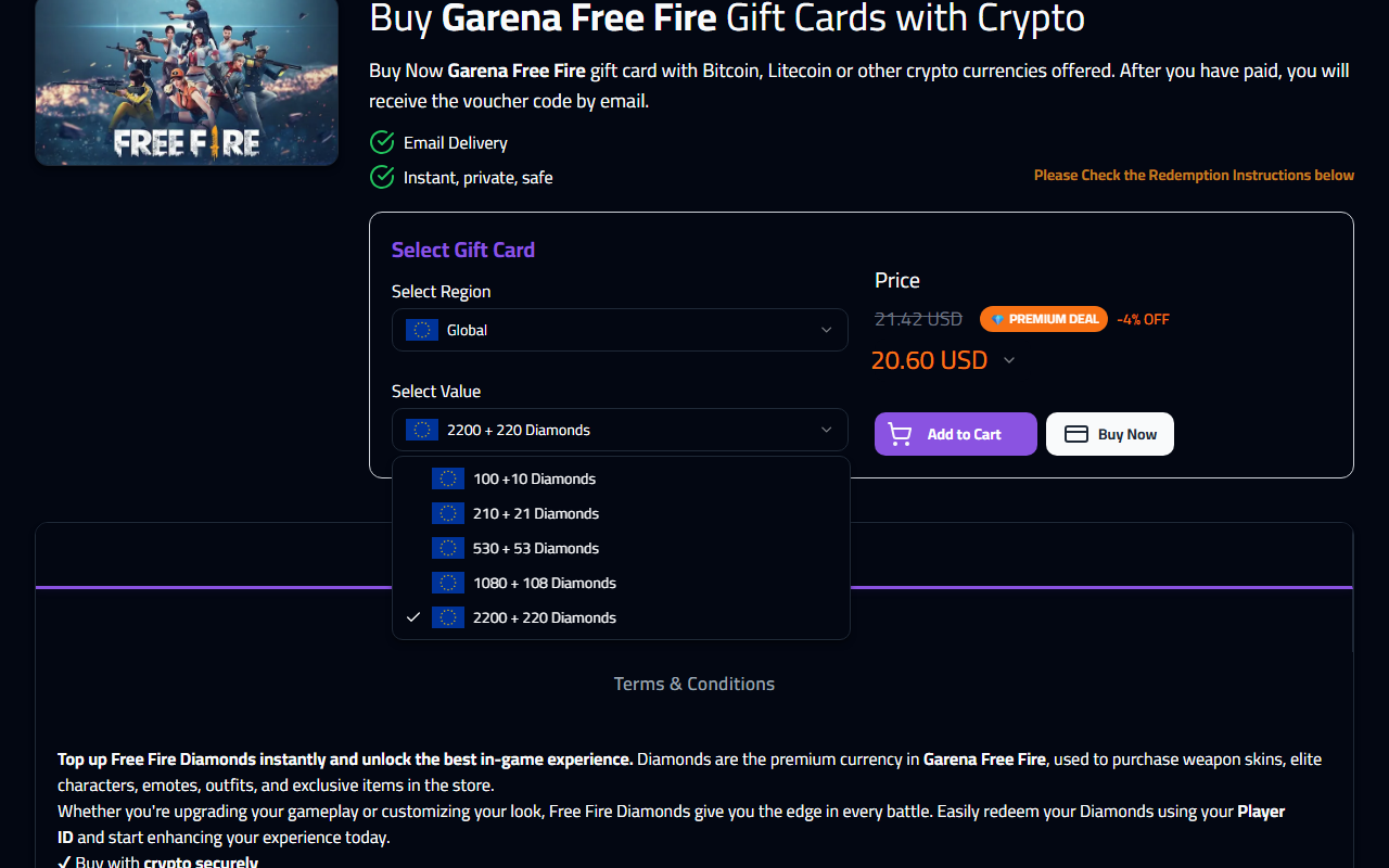 Refillarena Free Fire checkout page with crypto payment