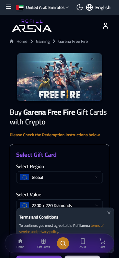 Refillarena mobile view — buy Free Fire Diamonds with crypto on mobile