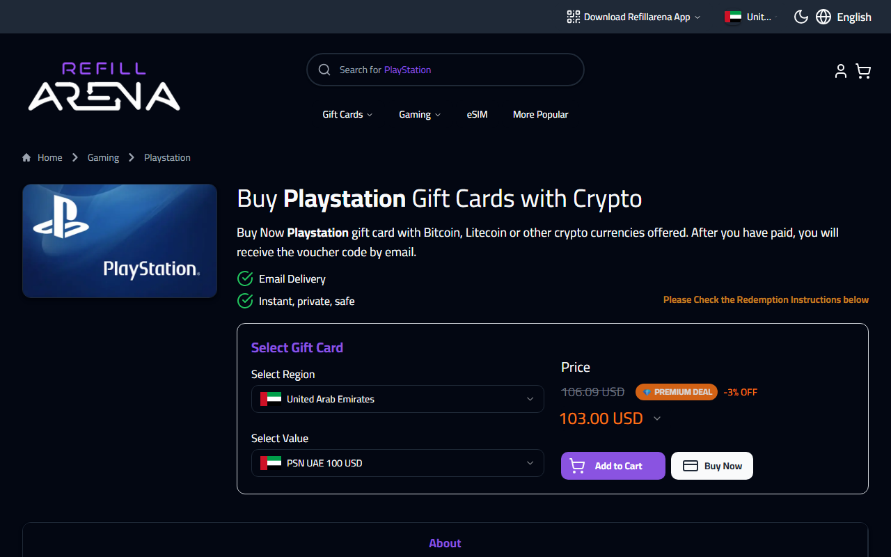 Refillarena PlayStation gift card product page — buy PSN card with crypto