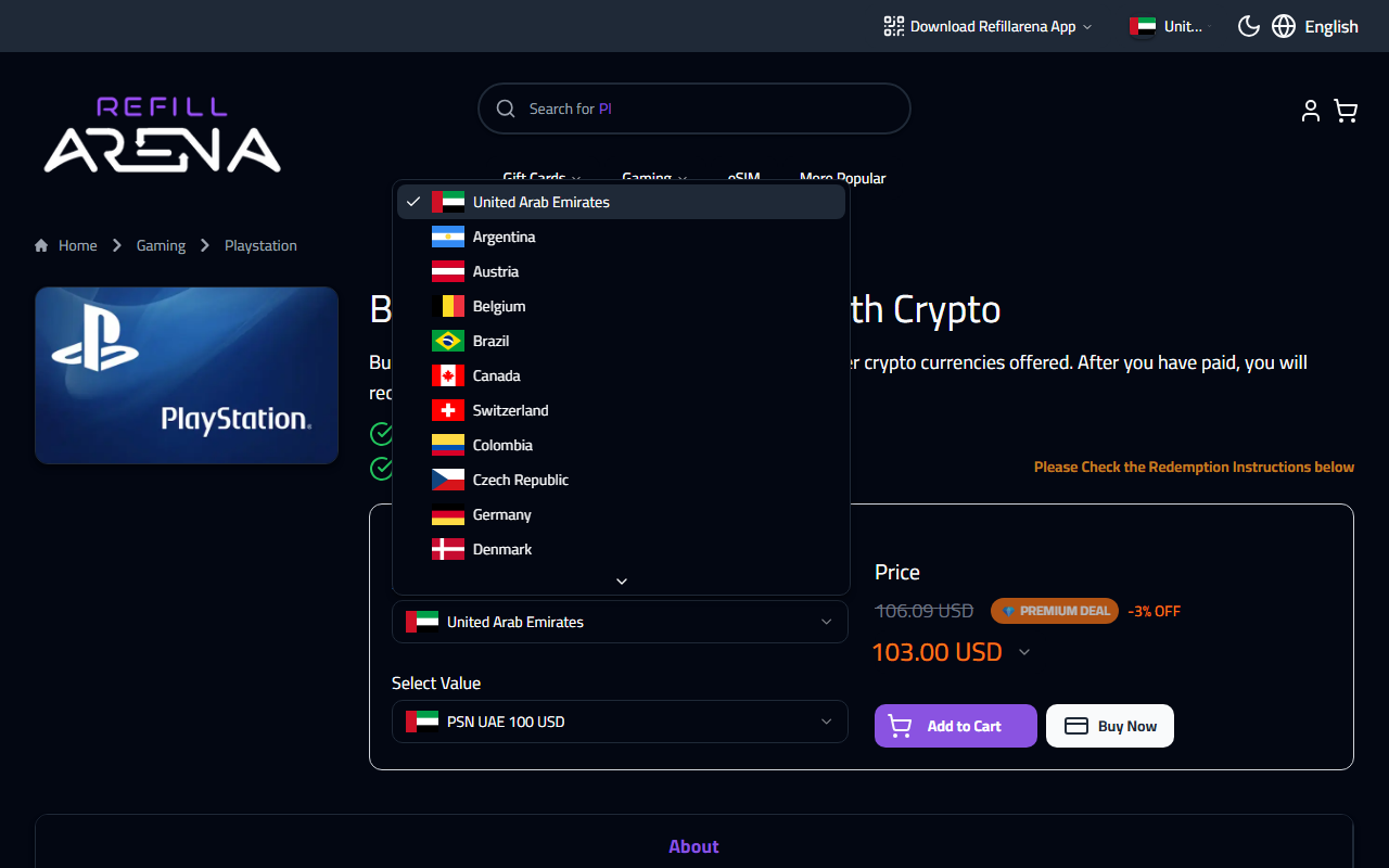 Refillarena region selector dropdown for PlayStation Network gift card