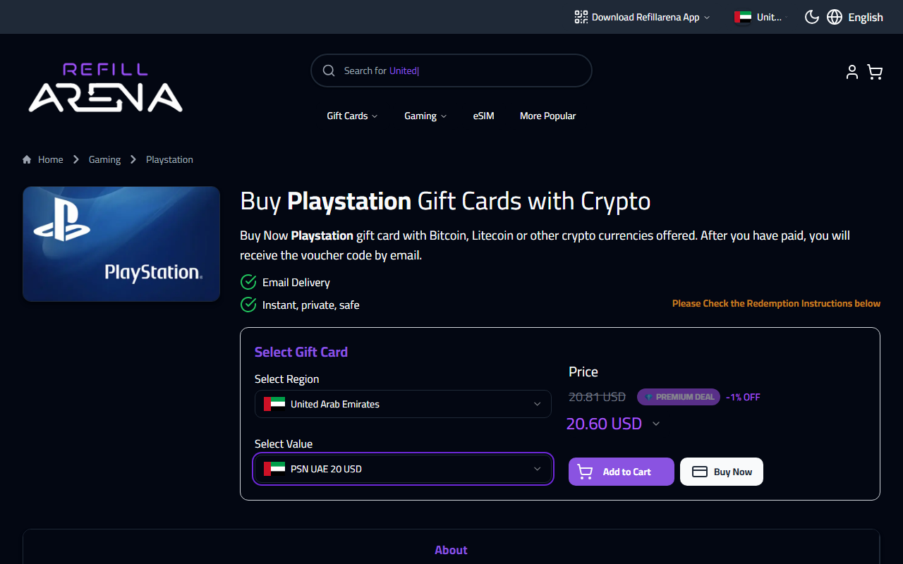 PlayStation gift card denomination selected on Refillarena
