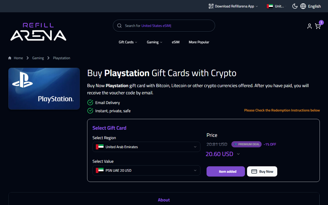 Refillarena checkout page for PlayStation gift card crypto purchase