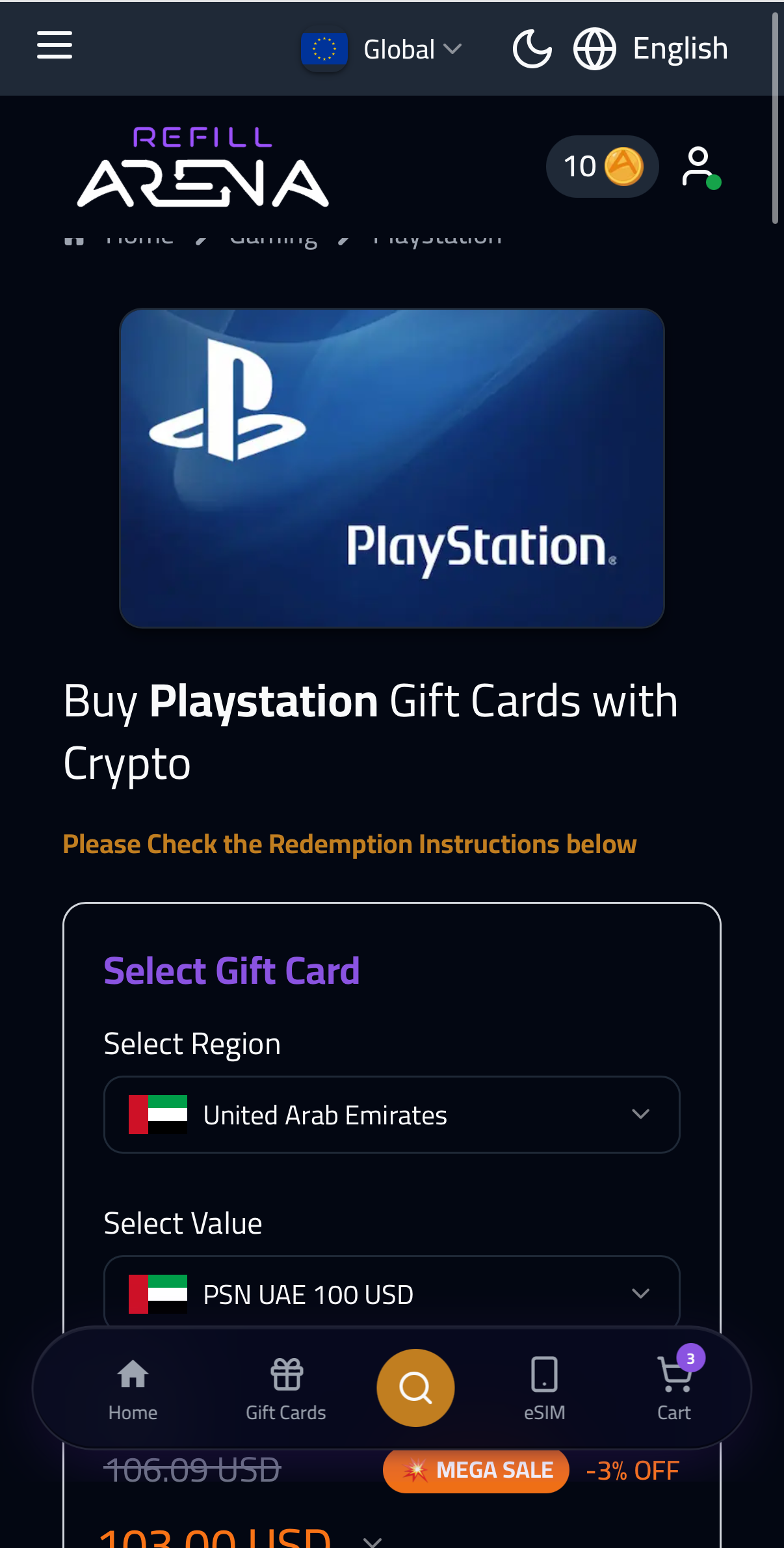 Refillarena mobile — buy PlayStation gift card with crypto on phone
