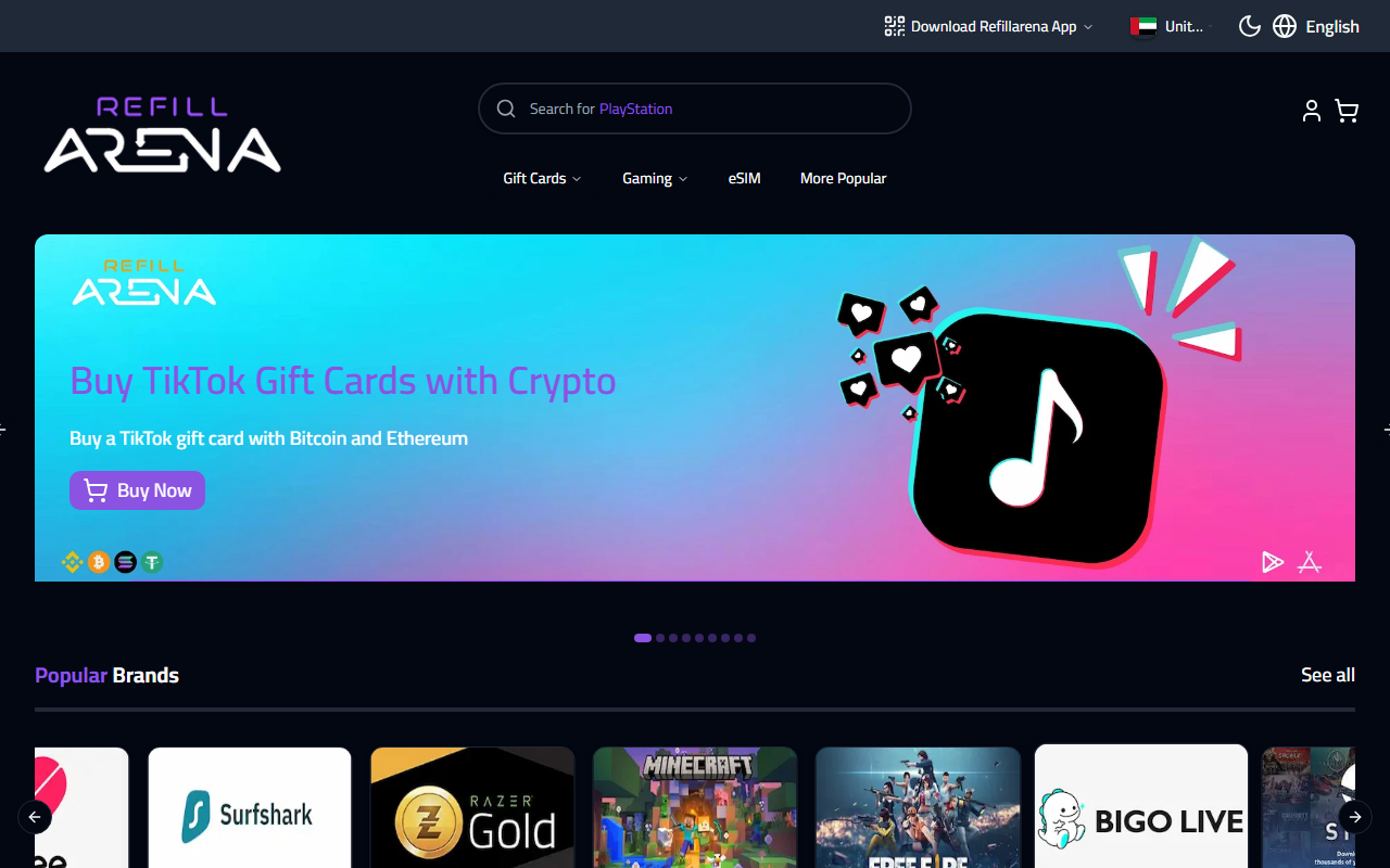 Refillarena homepage — buy gift cards and top-ups with crypto including TikTok Coins