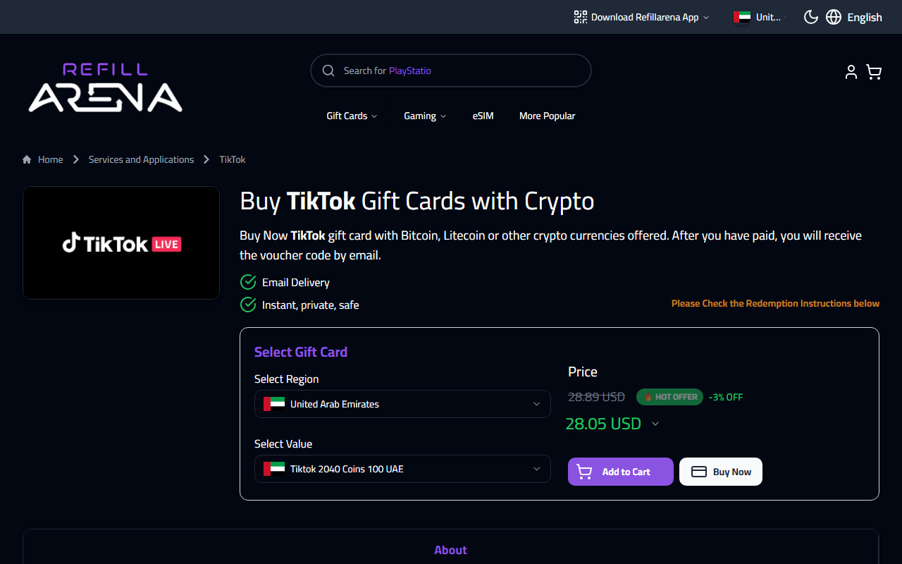 Refillarena TikTok Coins product page — buy TikTok Coins gift card with crypto