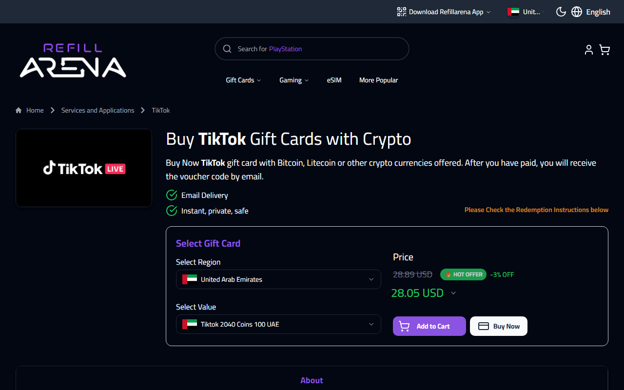 Refillarena region dropdown for TikTok Coins top-up