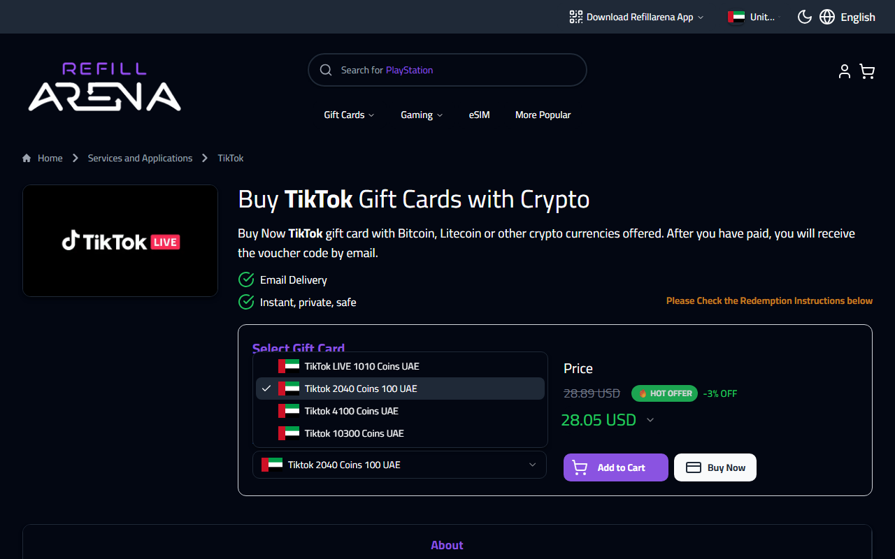 TikTok Coins package selected on Refillarena