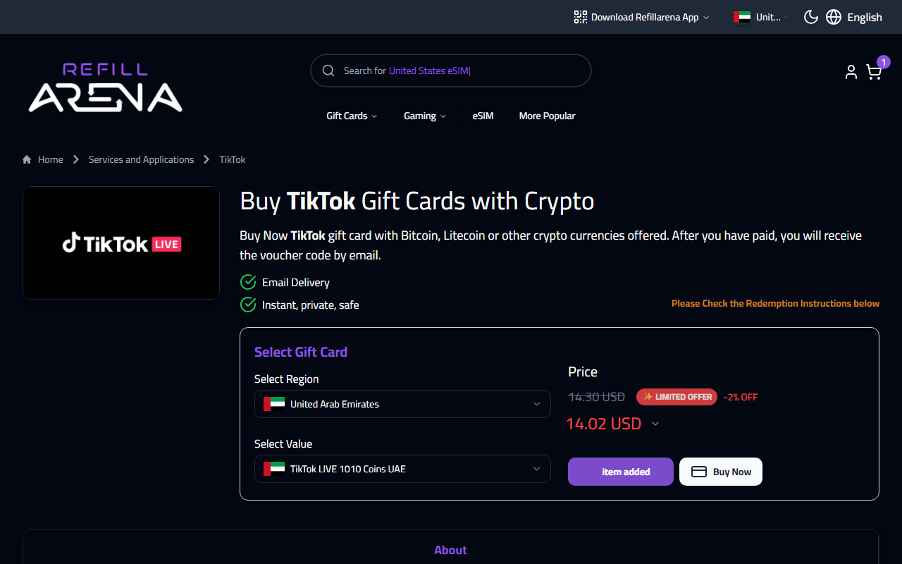 Refillarena TikTok Coins checkout with crypto payment