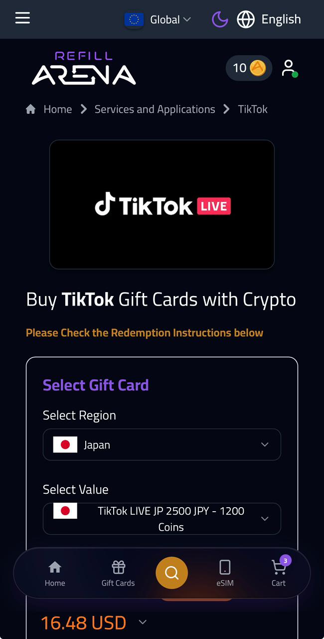 Refillarena mobile view — buy TikTok Coins gift card with crypto on mobile