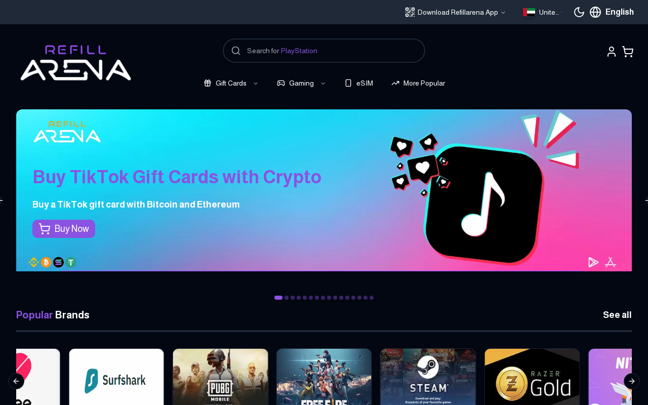 Refillarena homepage, buy Steam gift cards with crypto