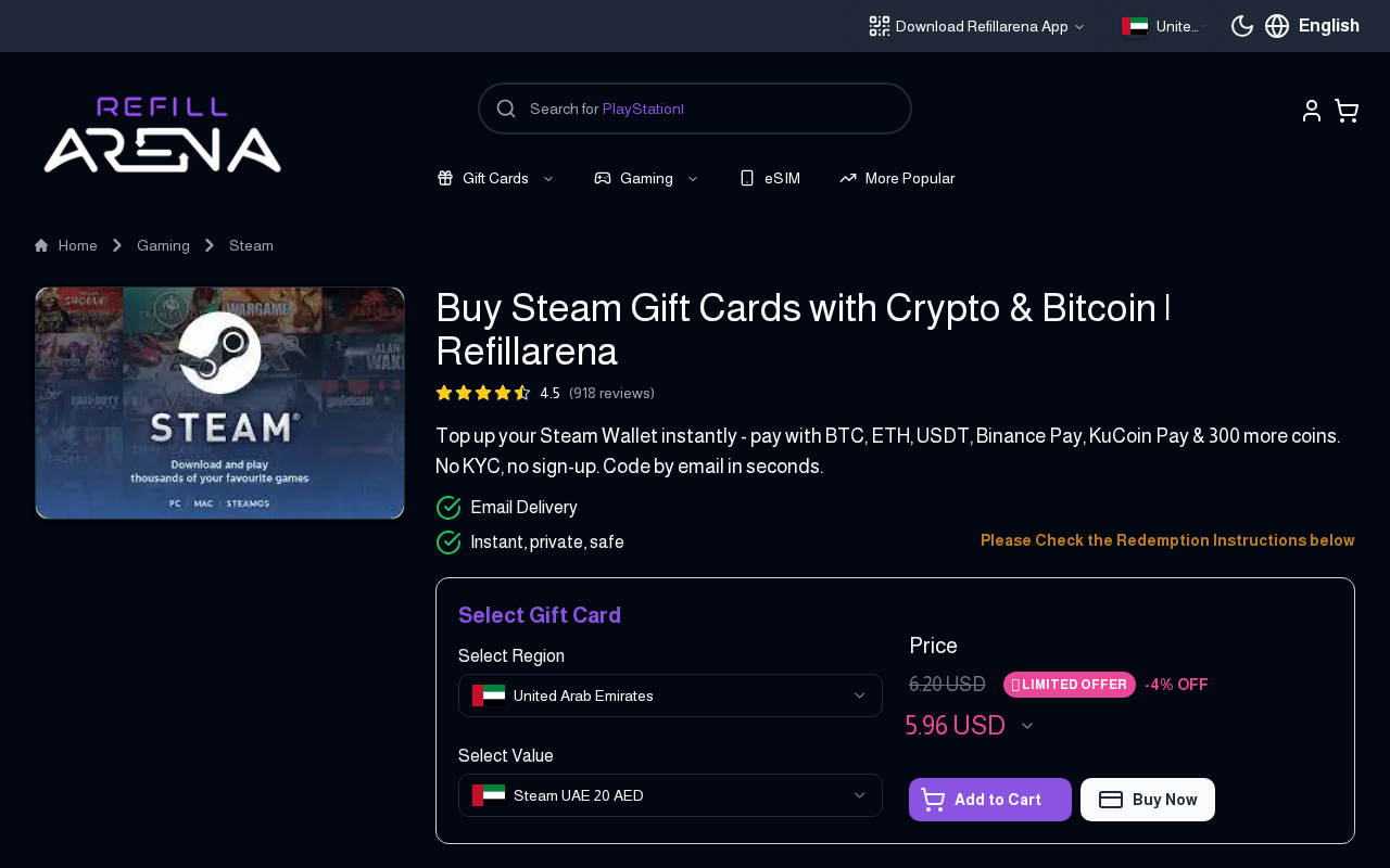 Refillarena Steam gift card page, buy Steam Wallet codes with crypto