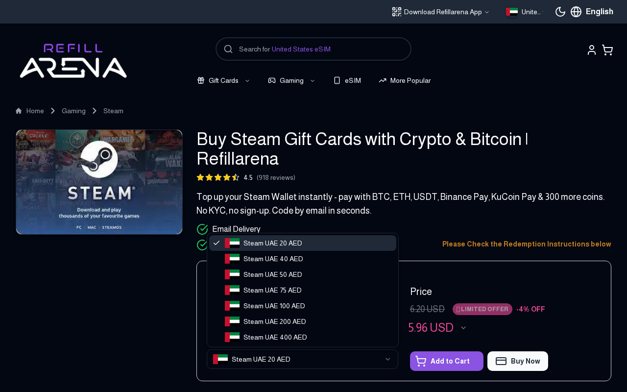 Steam gift card denomination dropdown open on Refillarena