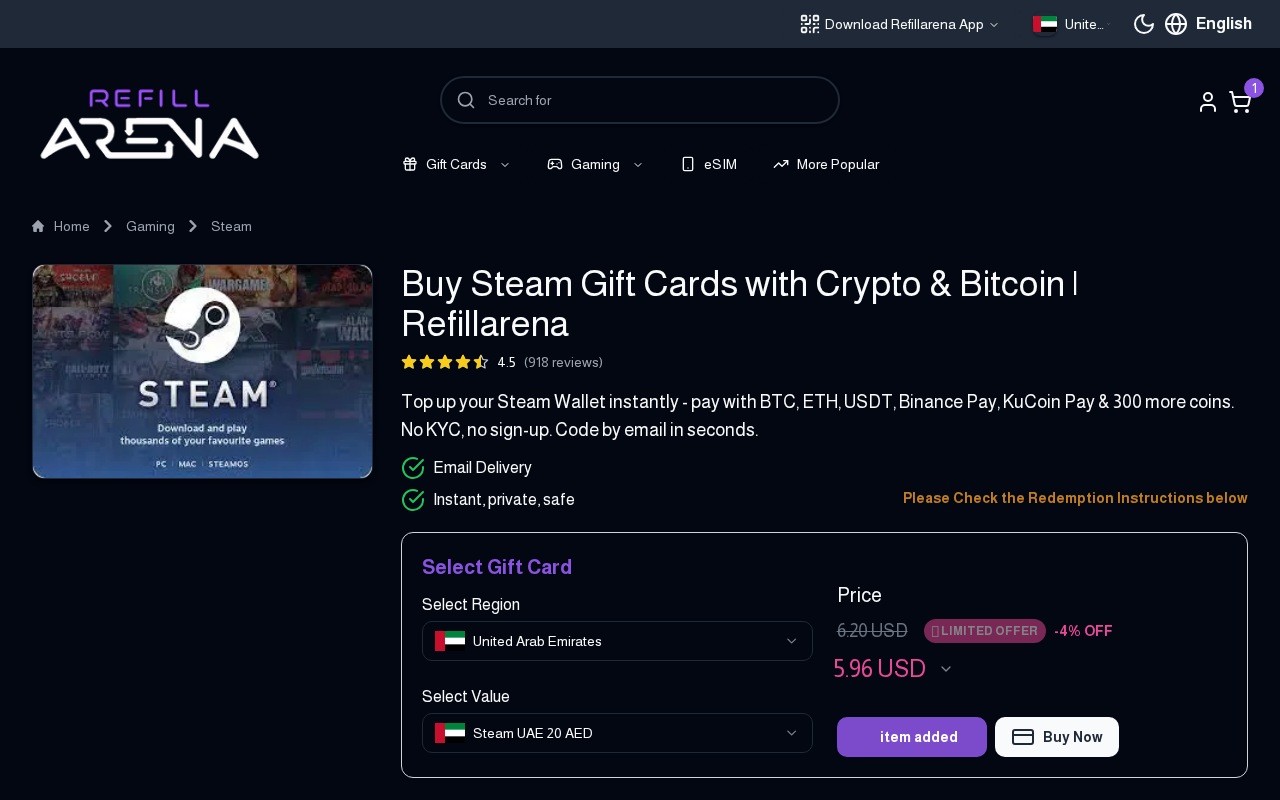 Refillarena Steam gift card checkout, item added to cart