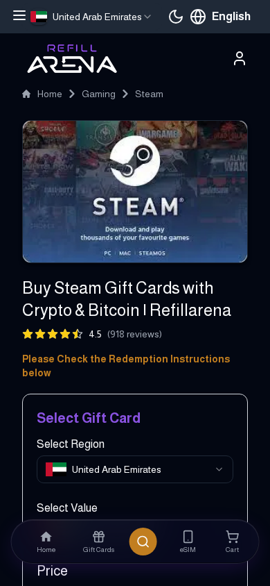 Refillarena mobile view, buy Steam gift cards with crypto on mobile